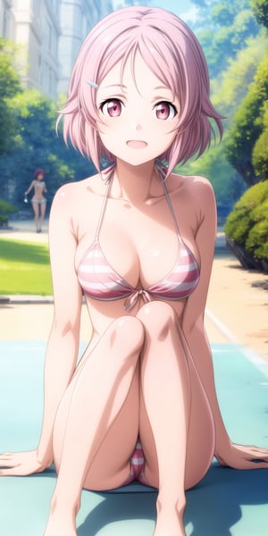 masterpiece, highly detailed, 4K, vibrant colors, sharp focus, best quality, depth of field, perfect body, perfect anatomy, beautiful background, fully detailed background, happy expressions, bikini, lisbeth, pink hair, hairclip, freckles, pink eyes, legs spread wide open,