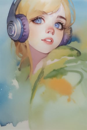 Face of woman, headphones, watercolor style,wat3rc0l0r