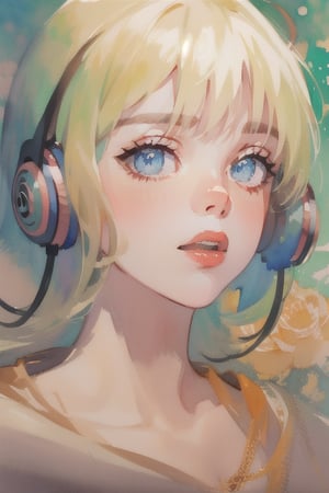 Face of woman, headphones, watercolor style,wat3rc0l0r