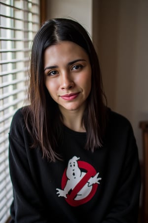 A woman (emely) is next to a big window with blinds. Amateur photo. Skinny. There are light and shadow stripes over her. She is wearing a black sweatshirt with the Ghostbusters logo on it. She is shy and tender. Shy to the camera. Pale skin. Black mascara. Red lipstick.