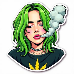 Cartoonish sticker of Billie Eilish smoking weed. Green hair. Marijuana logo on his shirt. 