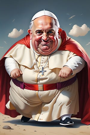 Craft an elaborate and hilarious image of Pope Francisco, unexpectedly transformed into an extremely chubby and comical superhero. Enrich the scene with a funny background, Ensure Pope Francisco let the entire composition radiate with humor in this uniquely amusing moment.,fat