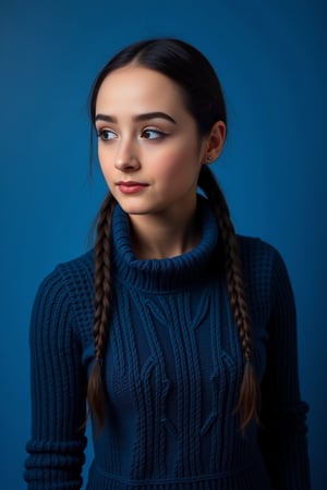 The image is a portrait of a young woman with long made of wooly black hair styled in a braided updo. She is wearing a made of wooly blue turtleneck sweater with a large cable knit pattern. Her hair is styled in two braids that are intertwined and cascading down her back. She has a serious expression on her face and is looking directly at the camera. The background is a solid blue color. The overall mood of the image is dramatic and edgy. ,johaneli