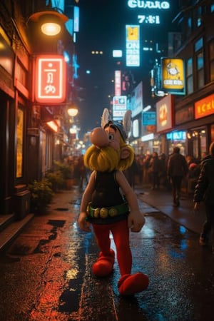 asterix is in New York at night, realistic, photorealistic, walking. There are neon lights and the floor is wet, reflecting the neon lights of the street.,Fantasy detailers 