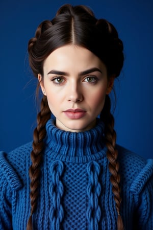 The image is a portrait of a young woman with long made of wooly black hair styled in a braided updo. She is wearing a made of wooly blue turtleneck sweater with a large cable knit pattern. Her hair is styled in two braids that are intertwined and cascading down her back. She has a serious expression on her face and is looking directly at the camera. The background is a solid blue color. The overall mood of the image is dramatic and edgy. ,lilyco