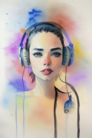 Face of woman, headphones, watercolor style,wat3rc0l0r