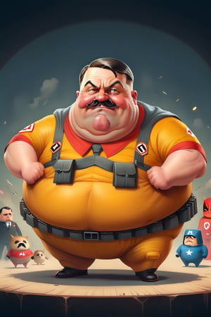 Craft an elaborate and hilarious image of Adolf Hitler, unexpectedly transformed into an extremely chubby and comical superhero. Enrich the scene with a funny background, Ensure Adolf Hitler let the entire composition radiate with humor in this uniquely amusing moment.,fat