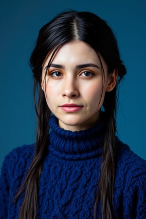 The image is a portrait of a young woman with long made of wooly black hair styled in a braided updo. She is wearing a made of wooly blue turtleneck sweater with a large cable knit pattern. Her hair is styled in two braids that are intertwined and cascading down her back. She has a serious expression on her face and is looking directly at the camera. The background is a solid blue color. The overall mood of the image is dramatic and edgy.,emely