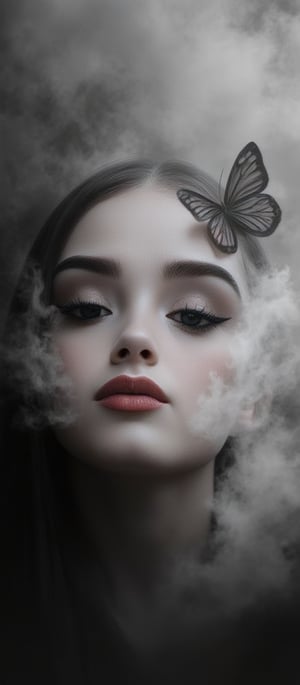 black and white image, midshot of a woman, (red lips only), billowing grey smoke surrounding her, the smoke turns in the shape of a butterfly and covers her face, hair floating with the smoke, (((butterfly made only of smoke))). 