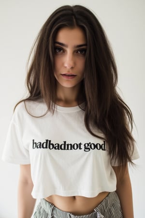 An amazing professional photography in the style of Terry Richardson, 4k, uhd, 
Half body shot of laurenga, very detailed, lights and shadows over her face. Simple white background. She is wearing an oversized white t-shirt with a text that says "badbadnotgood", 