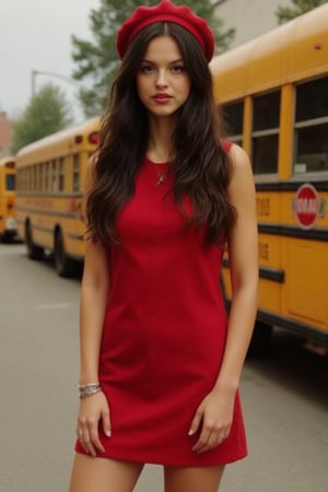 The image is a photograph of a young woman standing in front of a row of yellow school buses. She is wearing a red dress and a red beret, and her black hair is styled in loose waves. The woman is posing with one hand on her hip and the other resting on her thigh. She has a serious expression on her face and is looking directly at the camera. The background is blurred, but it appears to be a city street with buildings and trees. olirod, black hair.