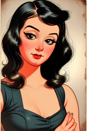 Face of woman, masterpiece, black hair,Old vintage,Vintage textures,50s Design,Vintage American illustration's,cartoon