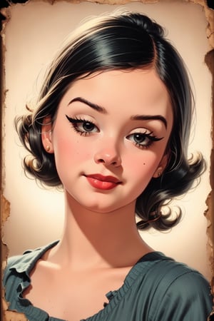 Face of woman, brown eyes, masterpiece, black hair,Old vintage,Vintage textures,50s Design,cartoon