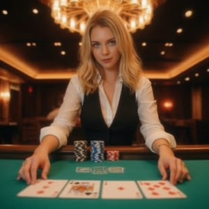 POV shot of a poker table in a luxury casino. In the foreground is a gorgeous green felt surface. Across the table is a beautiful female dealer in her early 20s. Blonde hair, blue eyes, professionally dressed in a white shirt and black vest. She is dealing cards with expert precision. A royal straight flush of diamonds is clearly visible on the table, along with five playing cards lined up: King Ace Queen Jack Ten of diamonds,
Warm ambient lighting glowing softly from the chandelier above. A pile of chips is visible at the edge of the table,
Polished wooden table rim,1girl,Flat Anime Niji Style,gabbiecar