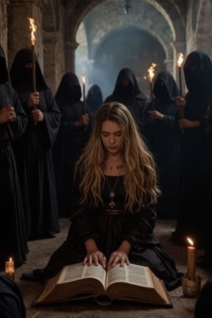 gabbiecar is wearing medieval clothes, she is on her knees, in a medieval monastery, surrounded by dark monks, wearing black hoodies that cover their faces. The monks have torches. gabbiecar is reading a big old book that is on the floor, in front of her. Obscure, dark, gothic vibes. The scene is iluminated just for the light of the torches.,Fantasy detailers 