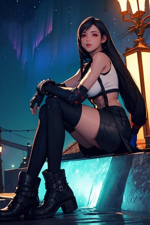 (masterpiece), (best quality), (ultra detailed),(illustration), (1girl), beautiful detailed red eyes, delicate beautiful face, big breast, tifa, long black hair, slender, ff7r style, ankle boots, black skirt, black thighhighs, boots, crop top, elbow gloves, elbow pads, suspenders, fingerless gloves, 4k, 8k, HDR,  defTifa, slender, high_definition, score_9, outdoor, sitting down looking up at the aurora night sky,