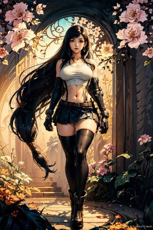 tifa, tifa FF7, tifa_lockhart, tifa lockhart, 1girl, black hair, long hair,very detailed image, ankle boots, black skirt, black thighhighs, boots, crop top, elbow gloves, elbow pads, suspenders, fingerless gloves, curvy_figure, ultra hd, 8k, top quality, very delicate and beautiful, high resolution,(beautiful detailed red eyes: 1.0), wonder beauty, slender, Art Nouveau Style,better_hands,EpicArt, standing_up, close_up_portrait