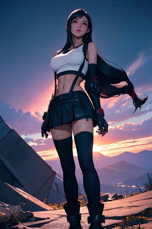 (masterpiece), (best quality), (ultra detailed),(illustration), (1girl), beautiful detailed red eyes, delicate beautiful face, medium breast, tifa, long black hair, slender, ff7r style, ankle boots, black skirt, black thighhighs, boots, crop top, elbow gloves, elbow pads, suspenders, fingerless gloves, 4k, 8k, HDR,  defTifa, slender, high_definition, score_9, aurora night sky, outdoor, looking up,