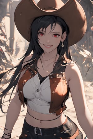 tifa_lockhart, 1girl, black hair, long hair, curvy_figure, ultra hd, 8k, high resolution,(beautiful detailed red eyes: 1.2), (big_breasts: 1.0), wonder beauty, smiling, slender,tifa_ff7_rebirth,ff7r style, super realistic, wonder beauty,dynamic angle, sexy pose,cowgirl, cowboy_hat,white tanktop,dal,Anitoon2,