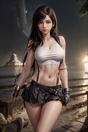 (8k,  RAW photo,  photorealistic:1.25),  1girl,  tifa lockhart, with golden accents,  (full body:1.2),  (highly detailed skin:1.2), ((slim,  skinny waist:1.4)), dynamic pose,  well sunlit,  ((looking at viewer)), Tifa, TifaFF7, white shirt, black skirt, suspenders, 1 girl, beautiful face, beautiful eyes, blue night sky, beach background, colorful