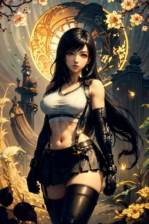 tifa, tifa FF7, tifa_lockhart, tifa lockhart, 1girl, black hair, long hair,very detailed image, ankle boots, black skirt, black thighhighs, boots, crop top, elbow gloves, elbow pads, suspenders, fingerless gloves, curvy_figure, ultra hd, 8k, top quality, very delicate and beautiful, high resolution,(beautiful detailed red eyes: 1.0), wonder beauty, slender, Art Nouveau Style,better_hands,EpicArt, standing_up, close_up_portrait