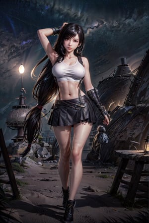 (8k,  RAW photo,  photorealistic:1.25),  1girl,  (large breasts),  tifa lockhart, dynamic action pose, with golden accents,  (full body:1.2),  (highly detailed skin:1.2),  wide hip,  narrow waist,  curvy waist,  ((slim,  skinny waist:1.4)), dynamic pose,  well sunlit,  ((looking at viewer)), Tifa, TifaFF7, white shirt, black skirt, suspenders, 1 girl, beautiful face, beautiful eyes, beach background, night sky, blurry background, colorful
