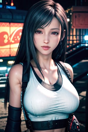 masterpiece, extremely detailed CG unity 8k wallpaper,1girl, solo,looking at the viewer,(best quality,  masterpiece:1.2), ultra detailed, (photo realistic:1.4), solo, sexy lady, night_beach, blurry_light_background, tifa_lockhart, long_hair, huge_boobs, red eyes, beach