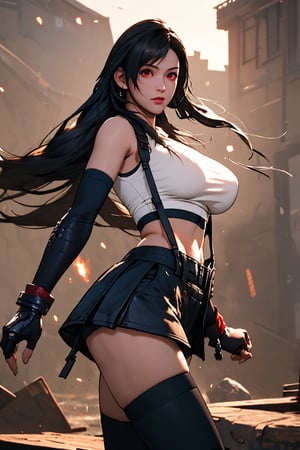 (masterpiece), (best quality), (ultra detailed),(illustration), (1girl), beautiful detailed red eyes, delicate beautiful face, big breast, tifa, long black hair, slender, ff7r style, ankle boots, black skirt, black thighhighs, boots, crop top, elbow gloves, elbow pads, suspenders, fingerless gloves, 4k, 8k, HDR,  defTifa, slender, high_definition, score_9, fantasy night background, outdoor, cowboy_shot,xuer martial arts