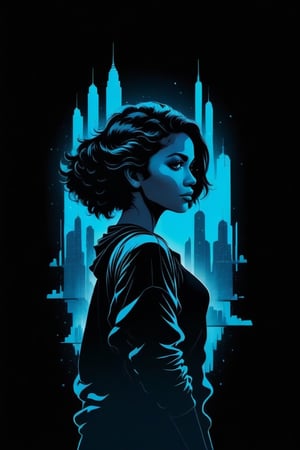 black silhouette of a girl, double exposure with futuristic city of blue colour, vector art, illustration, minimalistic, t-shirt design, black background