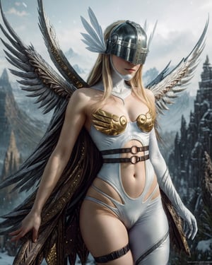 Saoirse Ronan as Angewomon from Digimon, metal helmet, blonde, angel, divine, white costume, snow mountain, petite, realistic colourful tattoos, piercings, photorealistic painting, (full body portrait), stunningly attractive, ((highly detailed face)), intricate, 8k, highly detailed, volumetric lighting, digital painting, intense, sharp focus, art by artgerm and rutkowski and alphonse mucha, cgsociety, ((detailed eyes)),pubic hair,sks woman,ANIME_angewomon,CAMETOE,cameltoe, angel wings