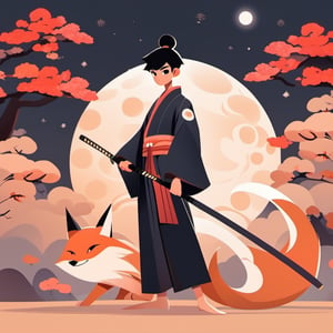 Flat Design, 1 boy, Japanese clothes,nine-tailed fox, black hair, hakama, wide sleeves, long sleeves, standing, full body, kimono, solo, face to viewer, smile, circle, moon light, short hair, hair bun, white hakama, holding katana