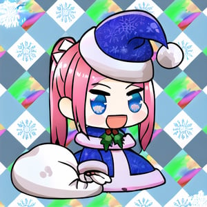 ,  Padoru_Meme, 1girl, blush, smile, open mouth, sideswept bangs, pink hair, long sleeves, dress, holding sack, blue eyes, long pig_tails, :d, blue dress, blue headwear, meme, holding sack,Padoru_Meme, snowflakes background