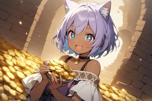 1 girl, solo, upper body, diagonal angle,
lavender hair, short hair, blue eyes, semi tan skin, sparkling eyes, smile, cheerful, open mouth, cat ears,
choker, purple cute desert traveler clothes,
a cute cat, cat is holding a coin,
pile of gold coins, 
gold vein, dungeon,in fantasy world,
masterpiece, best quality, 