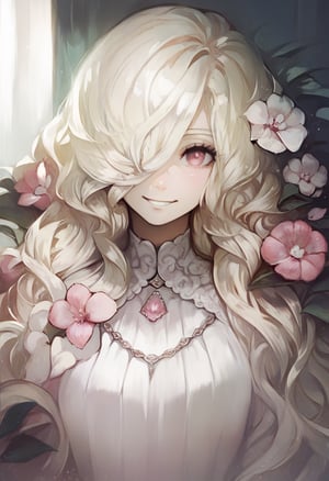 score_9, score_8_up, score_7_up, score_6_up,  1girl, flower,solo,hair over one eye,white blonde hair,pink eyes,very long hair,smile,light particle,looking at viewer