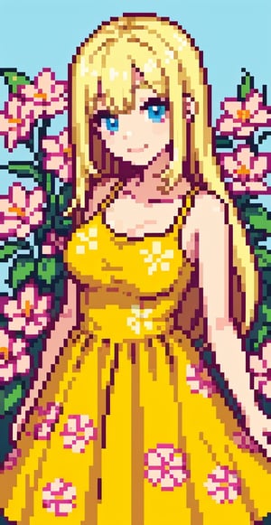 a beauty girl with long_straight hair
year <30 years old>
blonde_hair
straight_hair
large_body
smiling to viewer
dressed in a yellow dress with flower print,Pixel art
blue_eyes
scenary