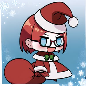 ,  Padoru_Meme, 1girl, blush, smile, open mouth, red hair, long sleeves, dress, holding, blue eyes, :d, straight medium length hair, side swept bangs, red dress, glasses, red headwear, meme, holding sack, Padoru_Meme, poinsetta background