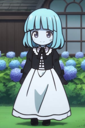 anime girl, average height, zombie, blue skin, dark gray eyes, cute eyes, double eyelid, decaying skin, sky blue hair color, princess hair, medium hair length, straight bangs, black bow accessory, long black victorian dress, misty garden background, blue hydrangeas garden, 4k, ,shoujo-style, full body, anime screenshot, living corspe, smiling,