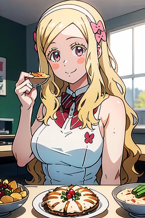 1girl, Thanksgiving Day, beautiful girl, sitting, holding a roast turkey, surrounded by potatoes, vegetables, cranberry sauce, gravy, and pie, looking at the viewer, white dress, upper body
,glitter,girl,pink eyes, extremely long hair
