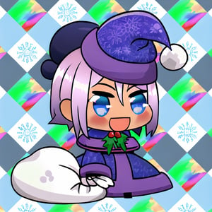 ,  Padoru_Meme, 1girl, dark tan skin, blush, smile, open mouth, lilac hair, long sleeves, dress, holding sack, blue eyes, spiky hair, :d, purple dress, purple headwear, meme, holding sack,Padoru_Meme, snowflakes background