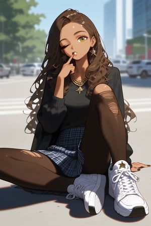 back, looking at viewer, 1girl, tan skin, freckles, solo, long hair, looking at viewer, skirt, shirt, jewelry, sitting, dark brown hair, pantyhose, earrings, one eye closed, shoes, necklace, olive eyes, torn clothes, black shirt, tattoo, sneakers, finger to mouth, torn pantyhose, fashion, masterpiece, best quality, amazing quality, very aesthetic, absurdres, depth of field, score_9, score_8, score_7, score_6