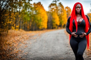 (((((Super Huge Muscles:1))))),(nsfw:1),In front of the autumn road, very long red hair Ridiculously long twintails,Long sleeves and super tight leggings,Very Dark Black Senegalese Black Female,(((big_boob:1.8))),big milf 