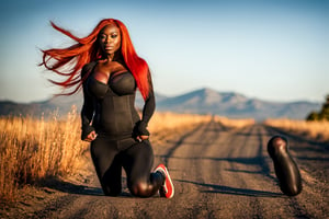 (((((Super Huge Muscles:1))))),(nsfw:1),In front of the autumn road, very long red hair Ridiculously long twintails,Long sleeves and super tight leggings,Very Dark Black Senegalese Black Female,(((big_boob:1.8))),big milf 