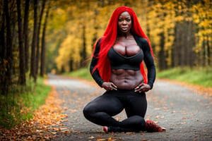 (((((Super Huge Muscles:1))))),(nsfw:1),In front of the autumn road, very long red hair Ridiculously long twintails,Long sleeves and super tight leggings,Very Dark Black Senegalese Black Female,(((big_boob:1.8))),big milf 