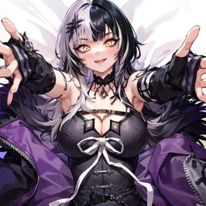 1girl, armpit crease, (black hair:1.1), breasts, cleavage, grey hair, hair ornament, large breasts, multicolored hair, solo, two-tone hair, yellow eyes, ShioriNovella, hair ornament, choker, bedroom, indoors, cock, male_pov, lolling, fucked_silly