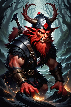 Illustrate an image of a Scottish red cap, mythological creature, dark, dangerous, evil,