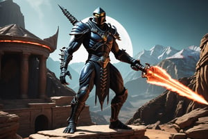 Illustrate an alien warrior, humanoid, cyborg, in the style of the game Mortal Kombat, holding an alien weapon, wearing battle armour, set in an ancient arena high on a mountainside