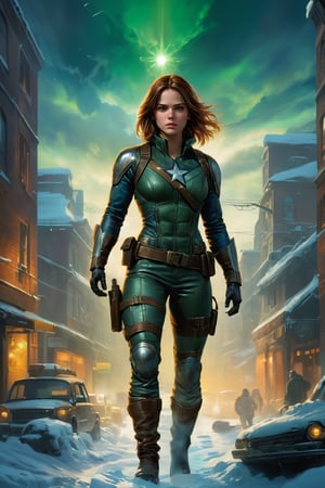 (art by Ary Scheffer:0.8) ,art by Hans Zatzka, High Quality, Masterpiece, An illustration, bestquality, best aesthetic, digital painting, ((oil painting)), [: Semi-realistic, oil painting, a digital illustration of a female version of Marvels The winter soldier winter. The background consists of a dark, urban setting, The image has a fantasy theme. Use vibrant colors and details to create a contrast between the creature and the environment : 3], scary green radioactive light set, artwork_(digital), DonMDj1nnM4g1cXL 