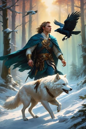 (art by Ary Scheffer:0.8) ,art by Hans Zatzka, High Quality, Masterpiece, An illustration, bestquality, best aesthetic, digital painting, ((oil painting)), [: Semi-realistic, oil painting, a digital illustration of a white wolf following a Raven bird flying ahead of him. The background consists of a dark Forrest. The image has a fantasy theme. Use vibrant colors and details to create a contrast between the male and his surroundings, artwork_(digital), DonMDj1nnM4g1cXL 