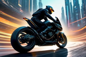 (masterpiece:1.1), (extremely detailed), (best quality:1.1), sleek, aerodynamic motorbike, futuristic, ambient lighting, moving at speed along a futuristic road, humanoid rider wearing black form fitting clothing, in a futuristic sci fit setting, streaks of coloured lines emanate from the character to emphasis the high speedMovie Still,DonMR3mn4ntsXL ,cyberpunk style
