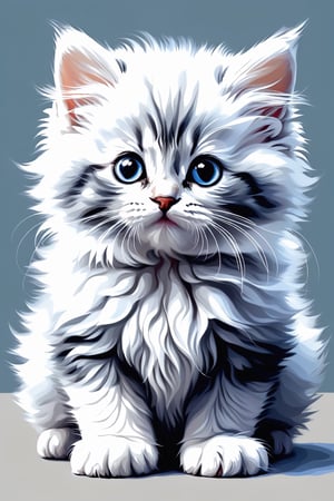 A baby cute cat, very fluffy, white and blue, pale grey background, pastel colours painting style
